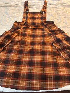 Collectif Plaid Pinafore Dress in Rust and Brown